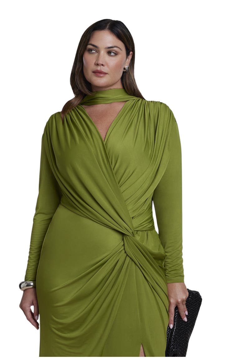 Scarf Detail Twist Front Maxi Dress (plus), Alternate, color, WOODBINE