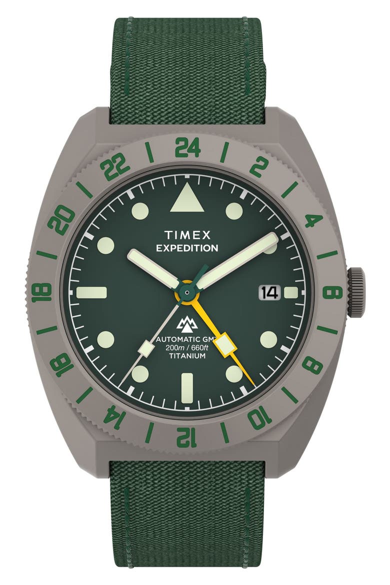 Expedition Pioneer Titanium GMT Automatic Webbing Strap Watch, 41mm, Main, color, TITANIUM