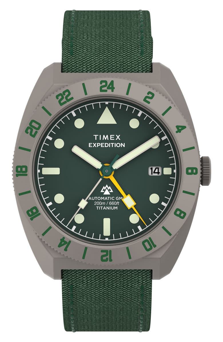 Timex<sup>®</sup> Expedition Pioneer Titanium GMT Automatic Webbing Strap Watch, 41mm, Main, color, Titanium