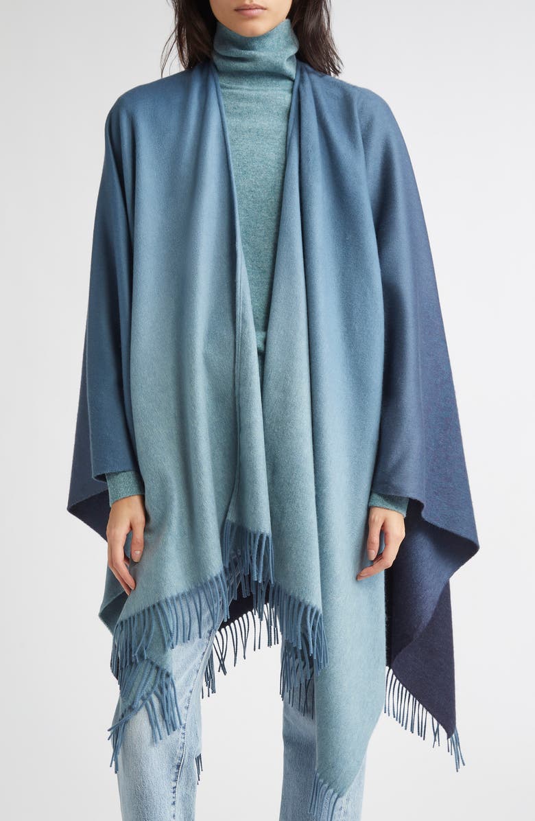 Johnstons of Elgin Ombré Fringe Trim Cashmere Cape, Main, color, Seascape / Navy