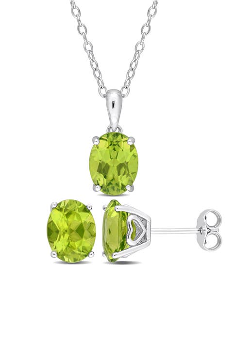 Oval Cut Peridot Solitaire Pendant Necklace & Stud Earrings Set