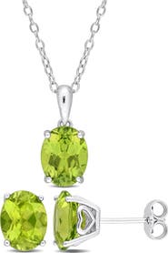 DELMAR Oval Cut Peridot Solitaire Pendant Necklace & Stud Earrings Set