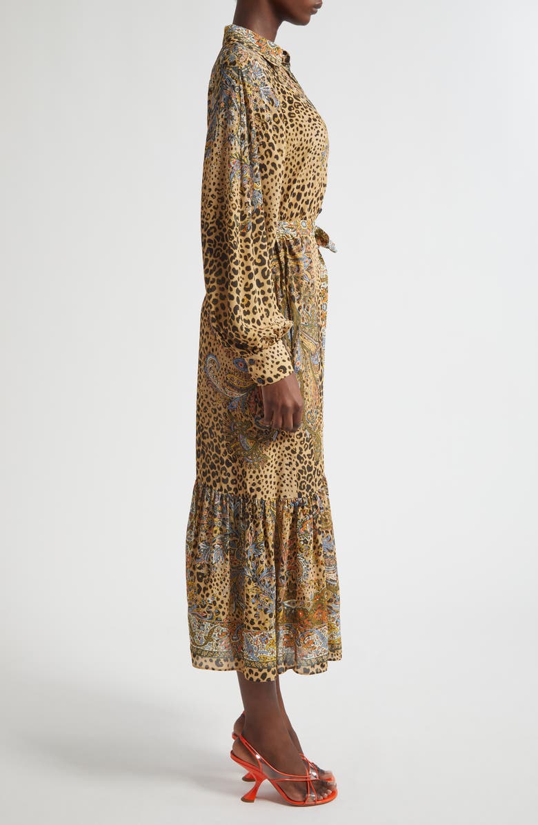 Etro Paisley Leopard Spot Belted Long Sleeve Shirtdress, Alternate, color, Dark Brown