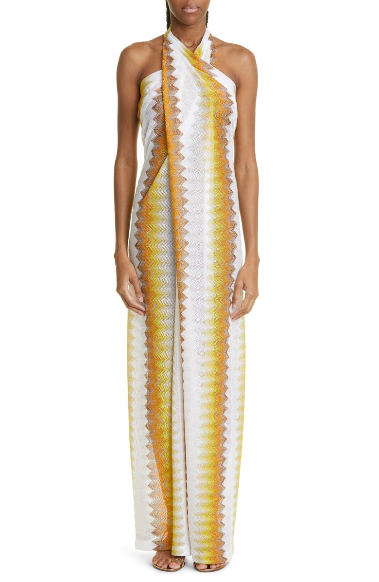 Missoni Zigzag Shimmer Knit Halter Cover-Up Maxi Dress, Main, color,