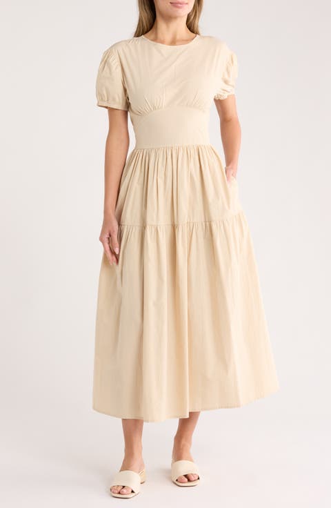 Bubble Sleeve Tiered Midi Dress