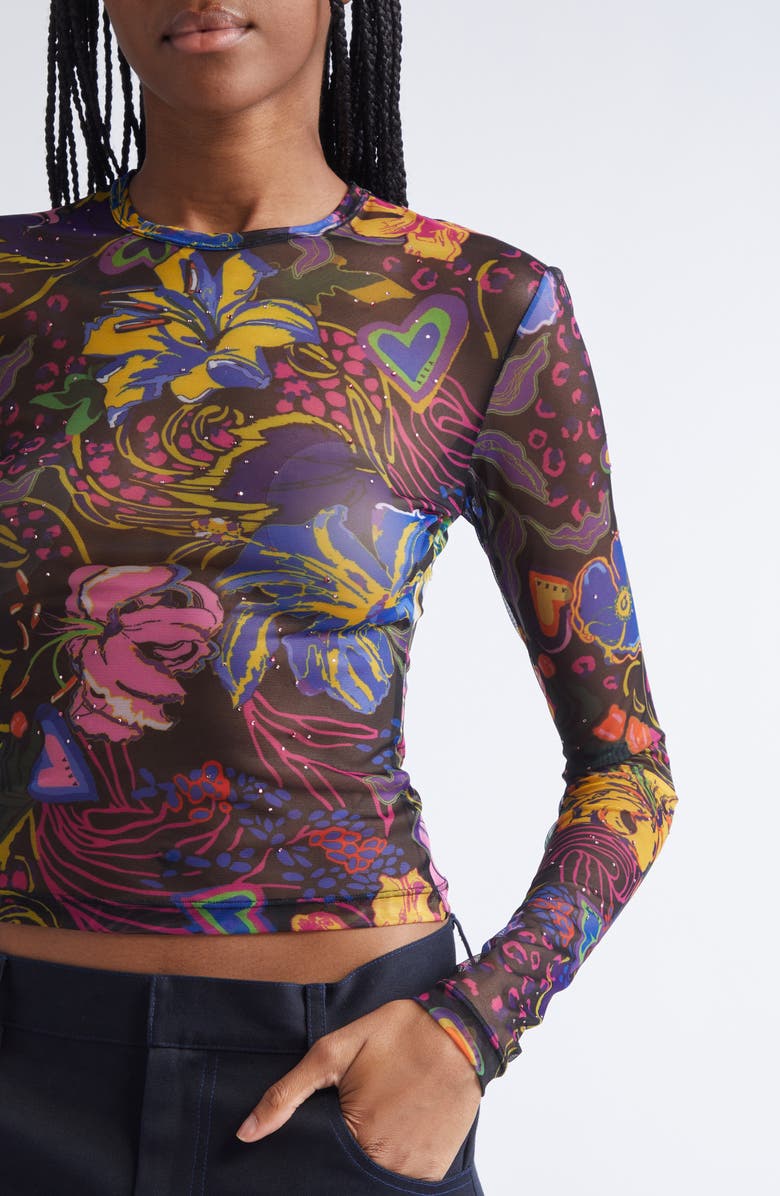 Area Hotfix Printed Tulle Long Sleeve Top, Alternate, color, Black Multi