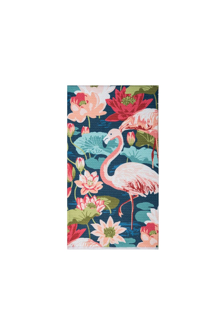 Flamingo Lagoon Tropical Floral 100% Cotton Dishtowel, Main, color, Pink