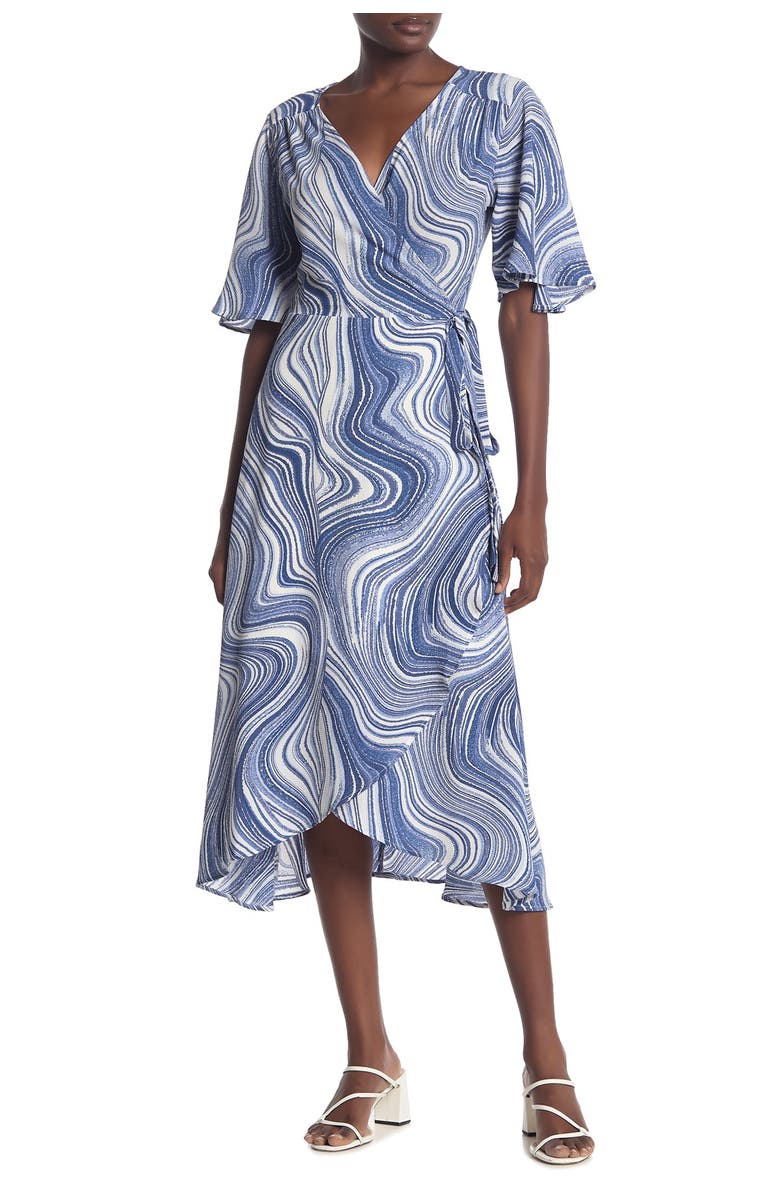 Bobeau Flutter Sleeve Midi Wrap Dress, Main, color,