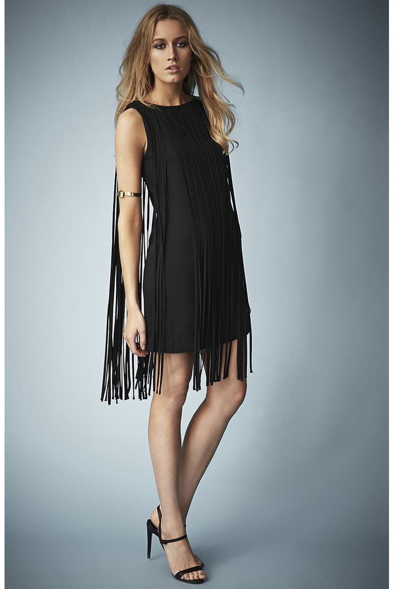 Kate Moss for Topshop Long Fringed Tassel Dress, Alternate, color, BLACK