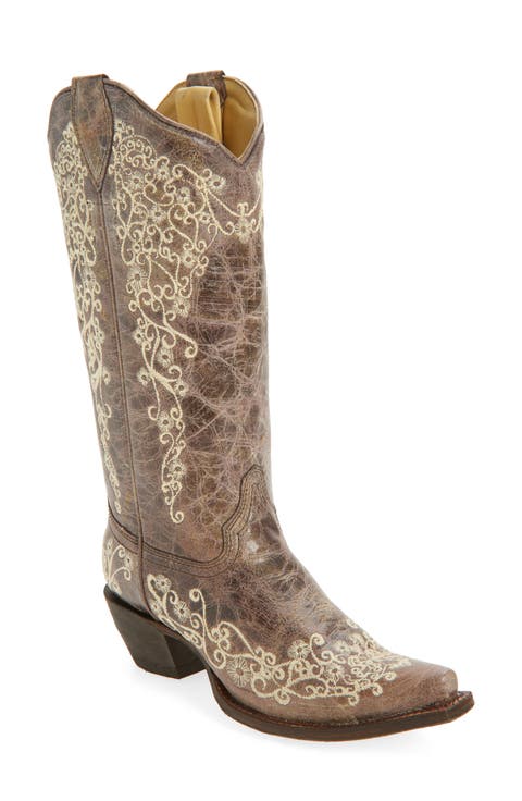 Embroidered Crackled Mid Calf Western Boot (Women)