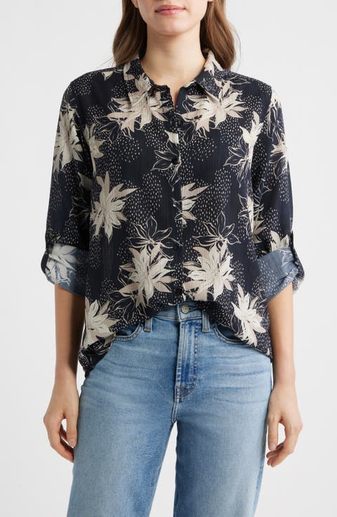 Print Roll Tab Sleeve Chiffon Button-Up Shirt