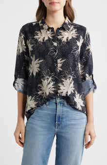 APNY Print Roll Tab Sleeve Chiffon Button-Up Shirt
