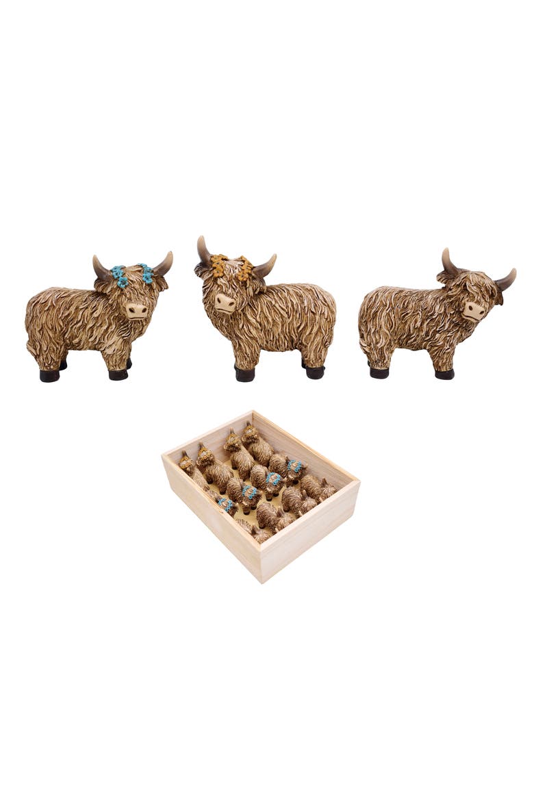 Resin Highland Cow Figurines Set of 12 Brown for Spring Home Decor, Main, color, Brown