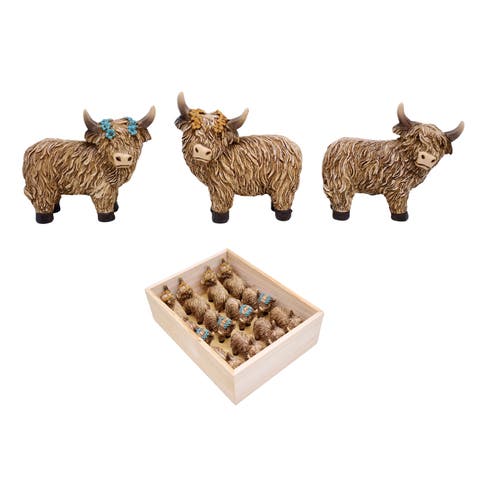 Resin Highland Cow Figurines Set of 12 Brown for Spring Home Decor