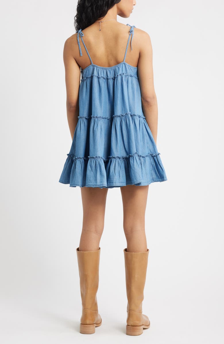 BP. Tie Strap Tiered Denim Minidress, Alternate, color, Medium Wash