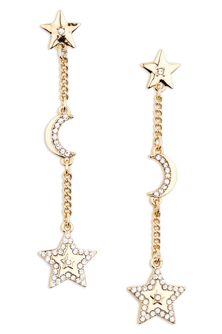 Star & Moon Linear Drop Earrings, Main, color, GOLD