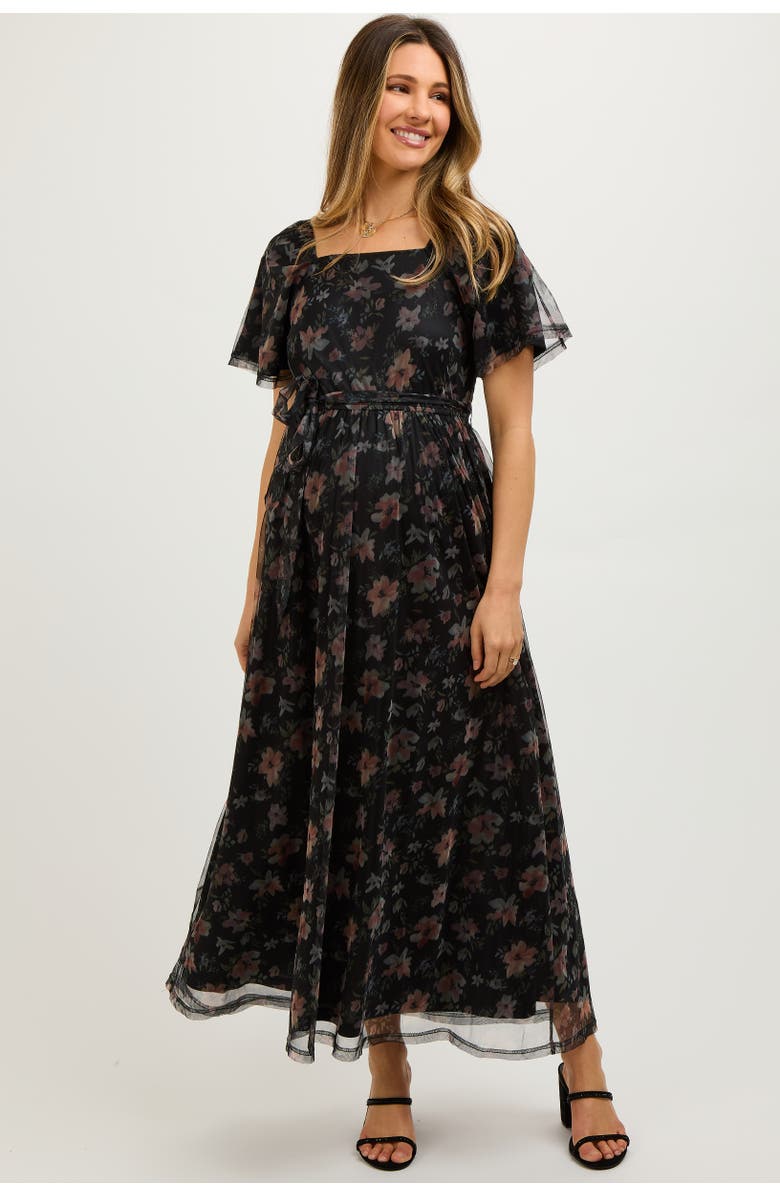 PinkBlush Floral Waist Tie Midi Dress, Main, color, Black