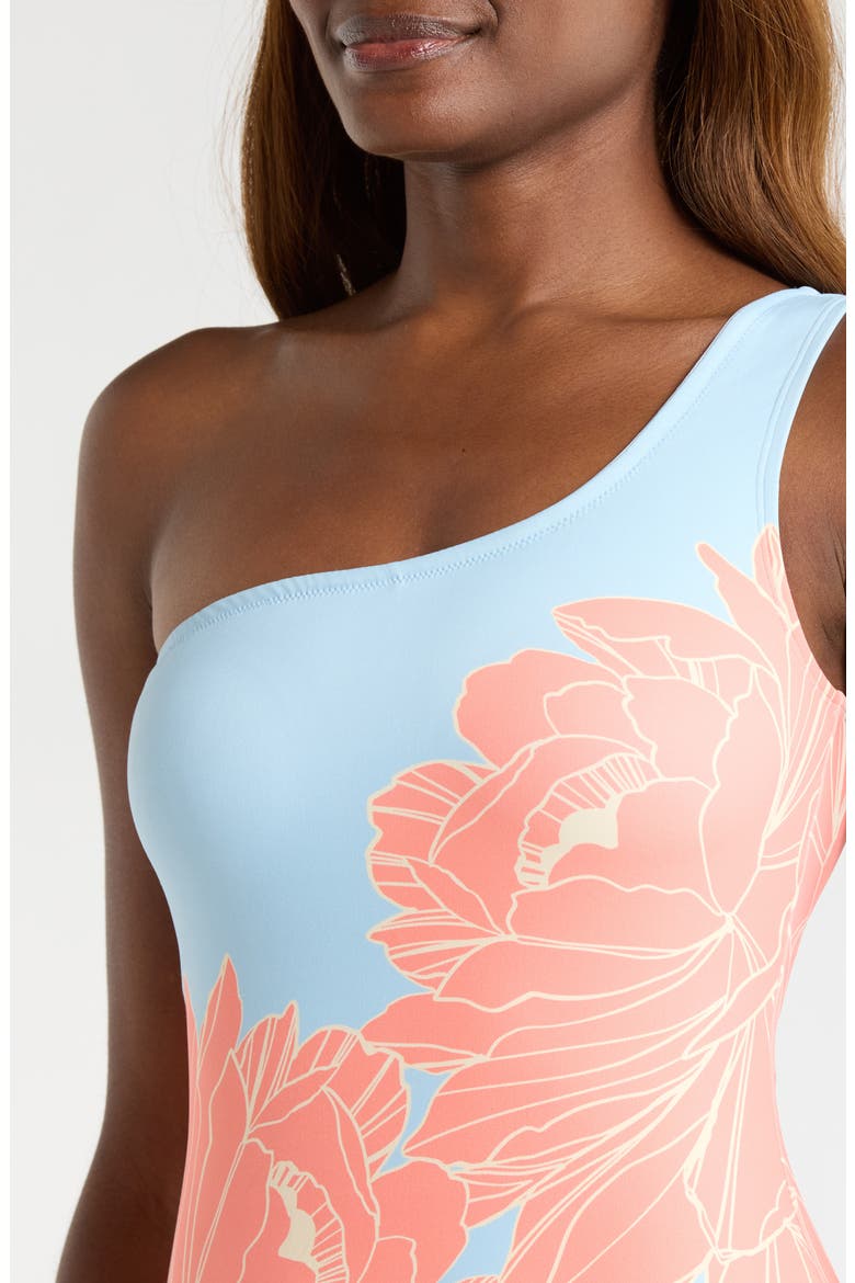 Placement Print One-Shoulder One-Piece Swimsuit, Alternate, color, SKY BLUE PEONIES