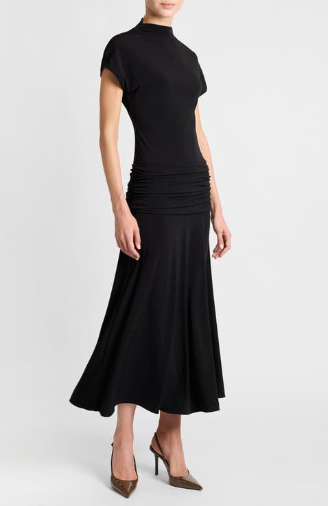 Kardi Ruched Mock Neck Maxi Dress in Soft Jersey