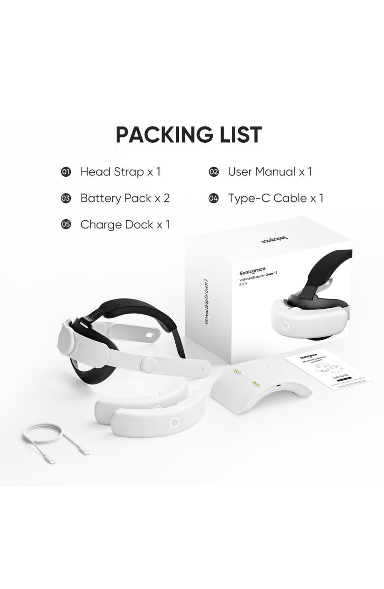 Sonicgrace S3 Duo Battery Head Strap for Meta Quest 3 and Quest 3S, Alternate, color, White