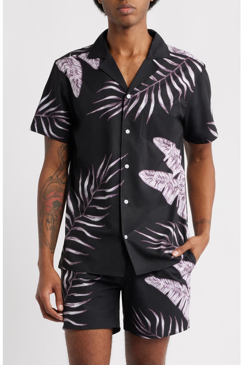 Tonal Jungle Print Short Sleeve Performance Camp Shirt, Main, color, BLACK