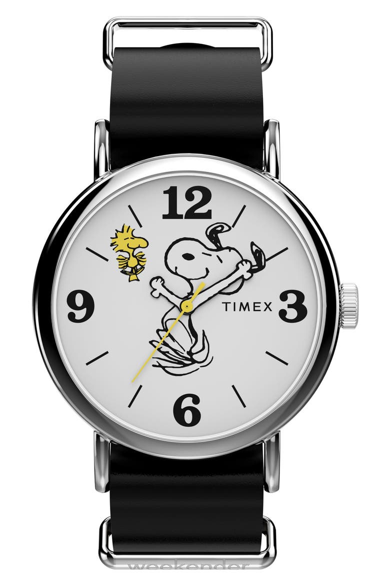 Peanuts® x Timex Weekender Snoopy 40mm Leather Strap Watch, Main, color, WHITE/ SILVER-TONE
