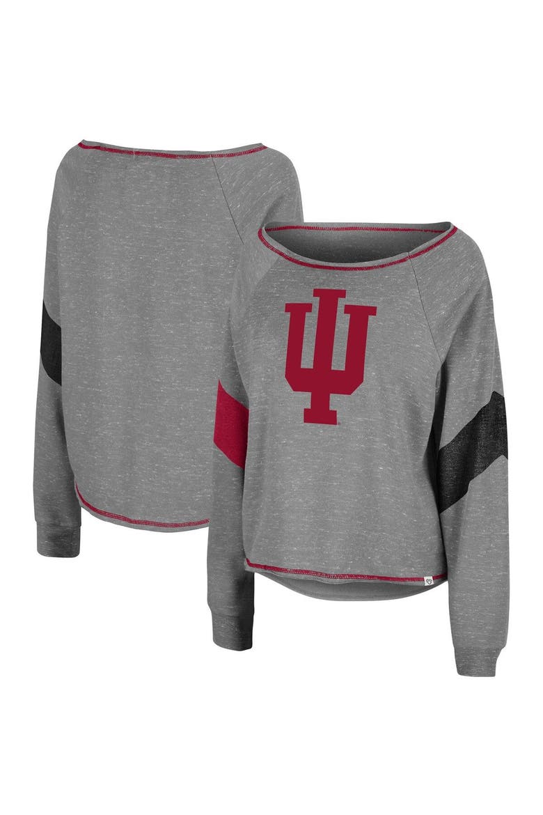 Women's Colosseum Heathered Gray Indiana Hoosiers Amped Chevron Stripe Raglan Boat Neck Pullover Sweatshirt, Main, color, Heather Gray