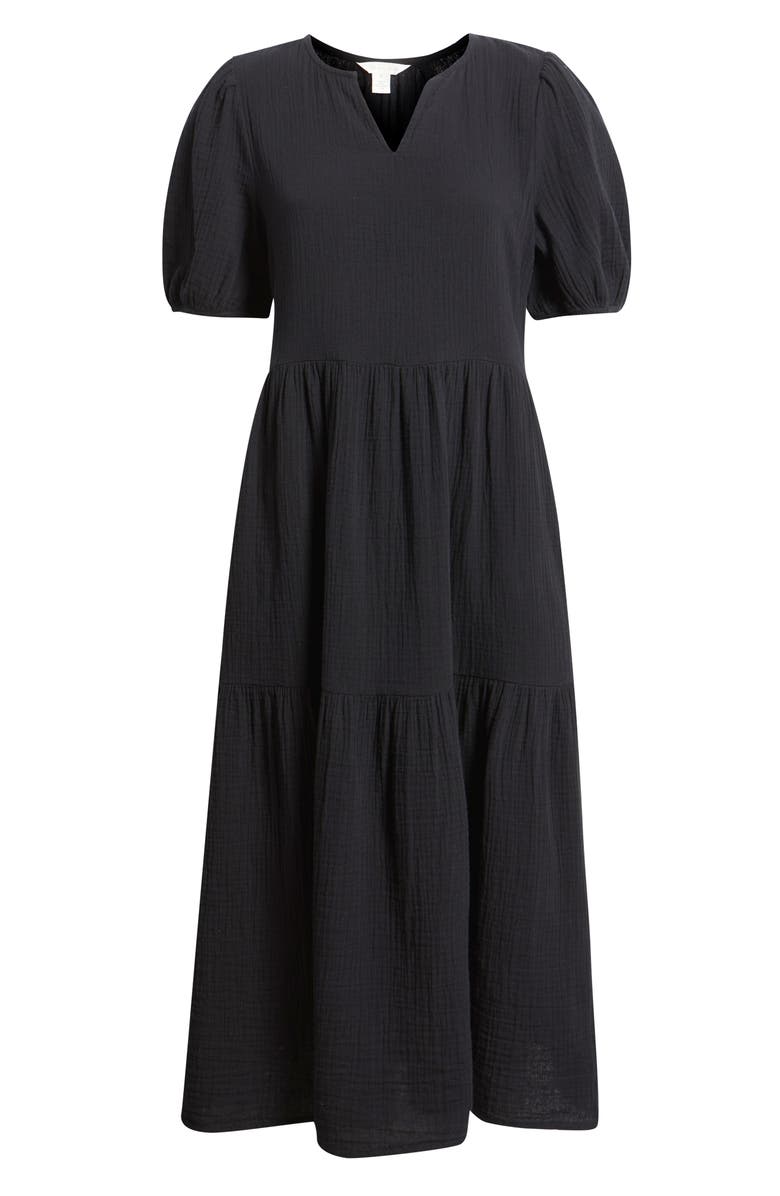 Caslon<sup>®</sup> Puff Sleeve Tiered Cotton Gauze Midi Dress, Alternate, color, Black