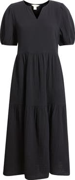 Caslon® Puff Sleeve Tiered Cotton Gauze Midi Dress