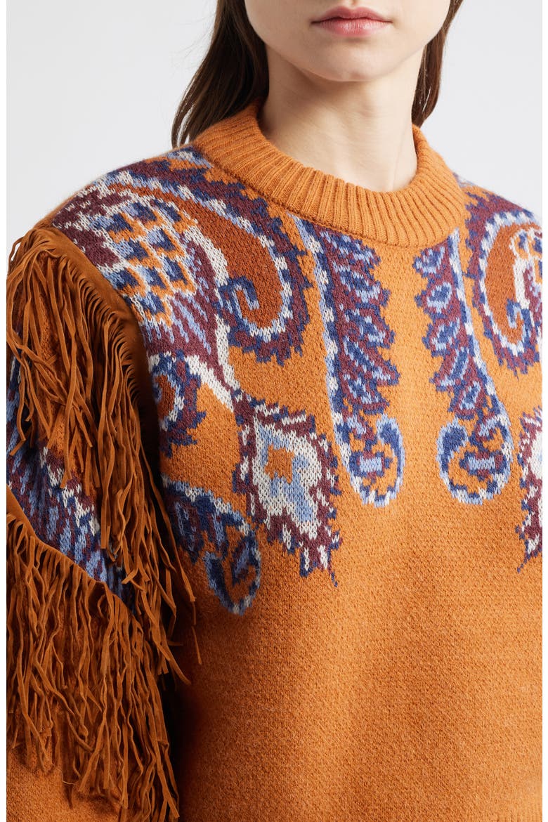 Arabesque Scarf Fringe Knit Sweater, Alternate, color, BROWN