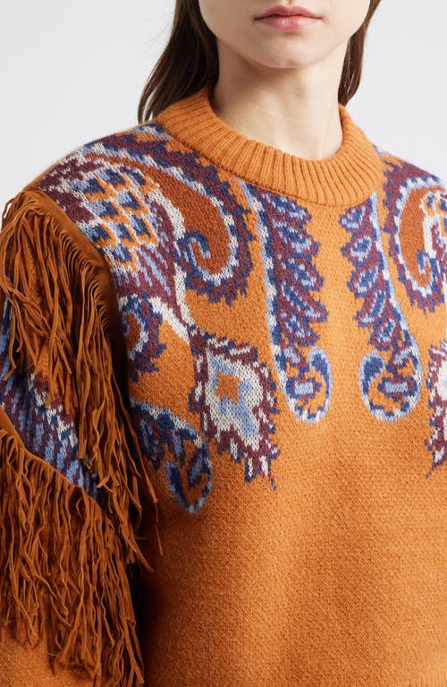 Farm Rio Arabesque Scarf Fringe Knit Sweater In Brown