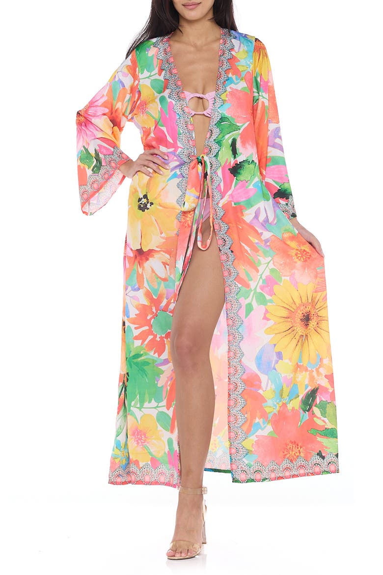 Floral Long Sleeve Wrap Duster, Alternate, color, ORANGE