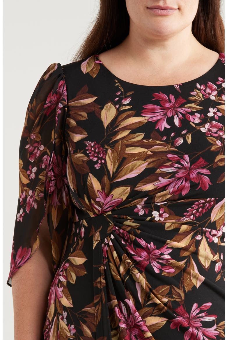 Floral Chiffon Sleeve Faux Wrap Dress, Alternate, color, MERLOT