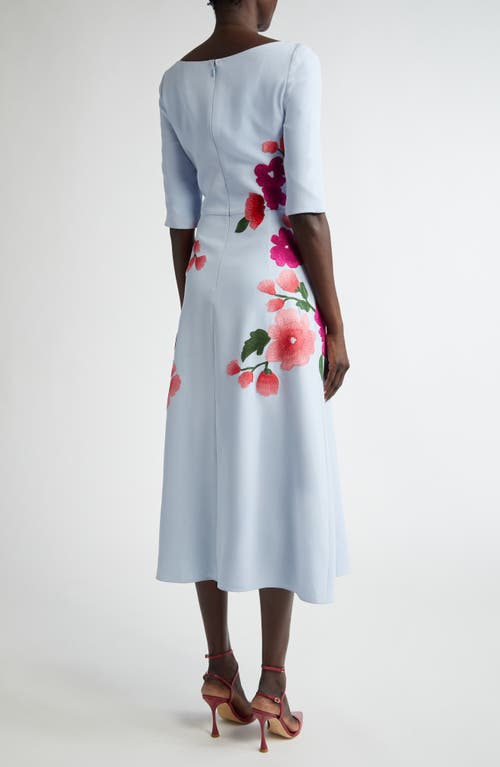 Carolina Herrera Floral Embroidered 3/4-sleeve Midi Dress In Celeste Multi