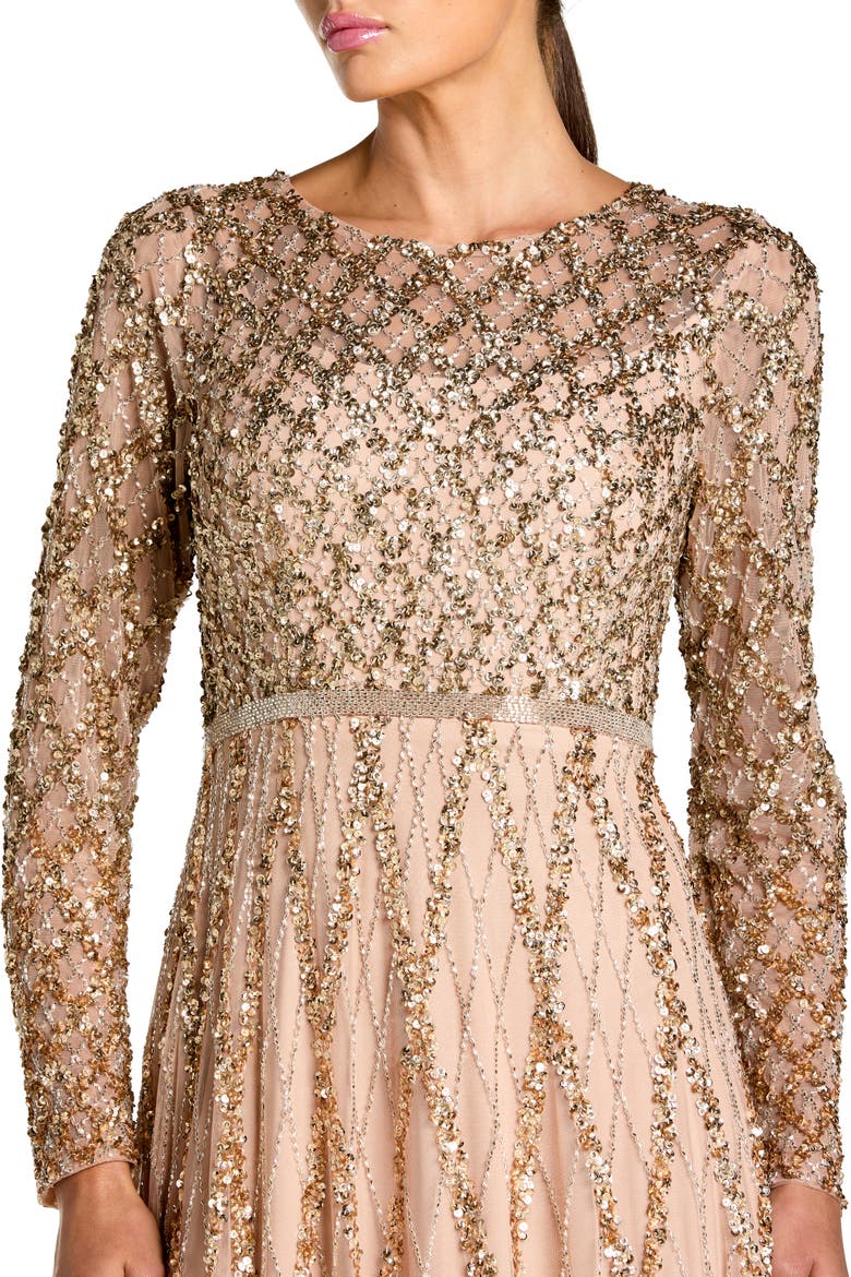 Ombre Mesh Sequin Long Sleeve A Line Gown, Alternate, color, Mocha Ombre