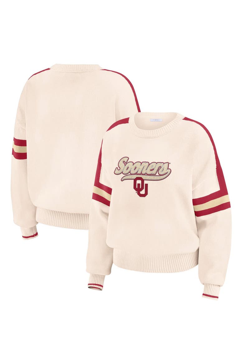 Women's WEAR by Erin Andrews  Cream Oklahoma Sooners Chenille Woven Patch Stripe Pullover Sweater, Main, color, Cream