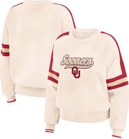 WEAR by Erin Andrews Women's WEAR by Erin Andrews  Cream Oklahoma Sooners Chenille Woven Patch Stripe Pullover Sweater