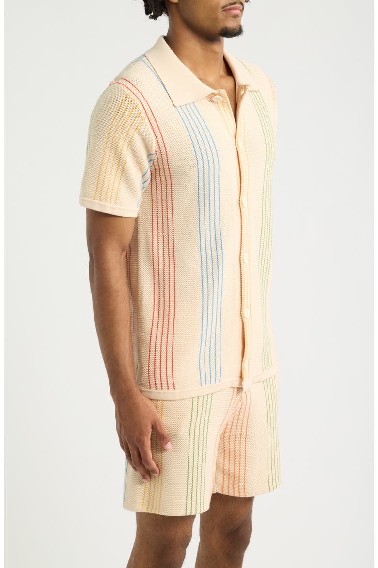 Sliced Knit Short Sleeve Button-Up Shirt, Alternate, color, BEIGE