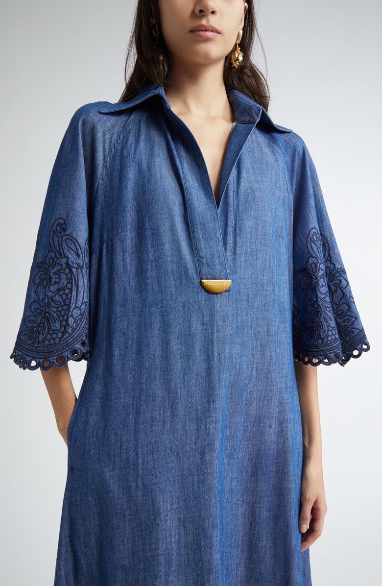 Zimmermann Coco Embroidered Denim Caftan Dress, Alternate, color, Railway Blue