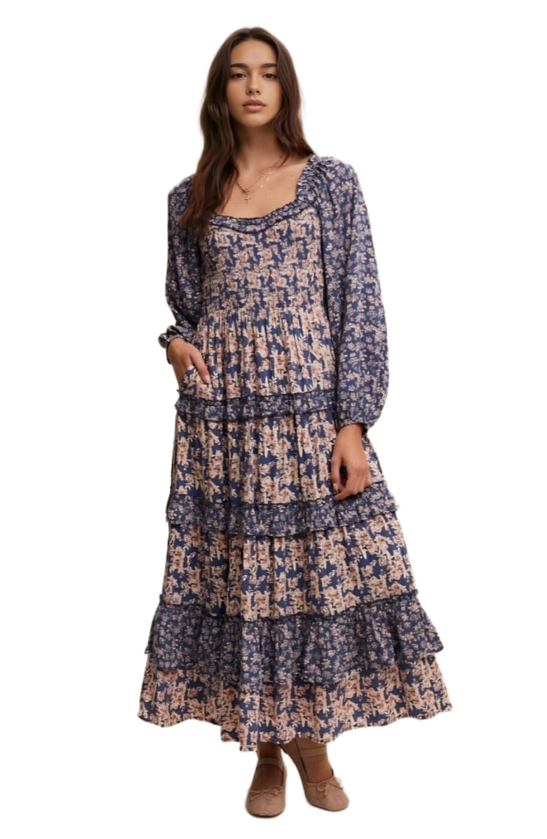 Knit and Lounge Floral Ruffle Tiered Maxi Dress, Alternate, color, Navy Blue / Light Pink Floral