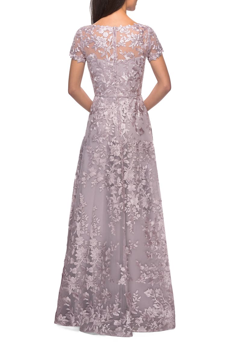 Long Lace Evening Dress with Cap Sleeves, Alternate, color, Antique Blush