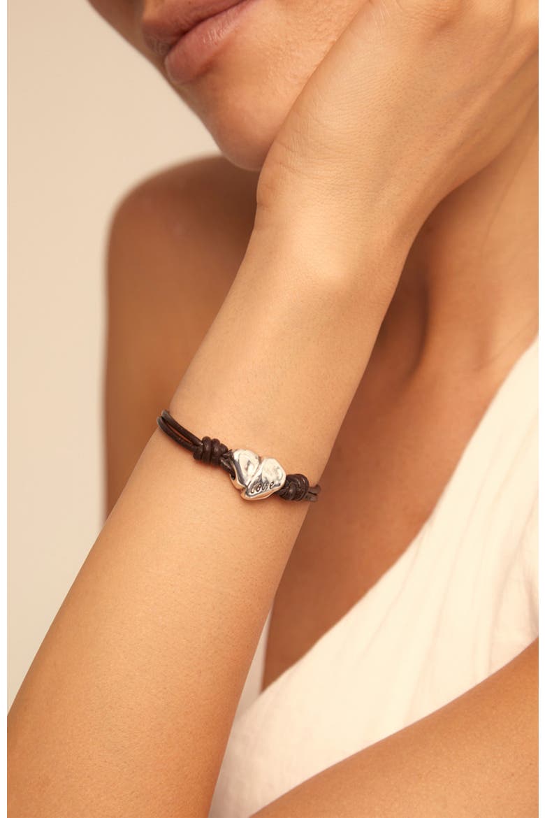 Leather Bracelet with Sterling Silver-Plated Heart, Alternate, color, Brown