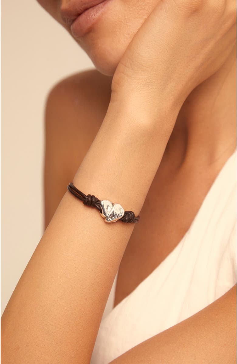 UNODE50 Leather bracelet with sterling silver-plated heart, Alternate, color, Brown