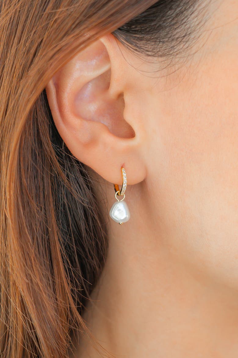 Freshwater Pearl Drop Pave Huggie Earrings, Alternate, color, 925 Sterling Silver