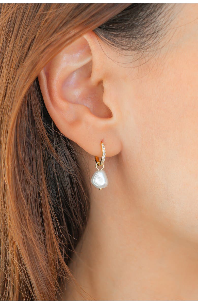 Mint & Lily Freshwater Pearl Drop Pave Huggie Earrings, Alternate, color, 925 Sterling Silver