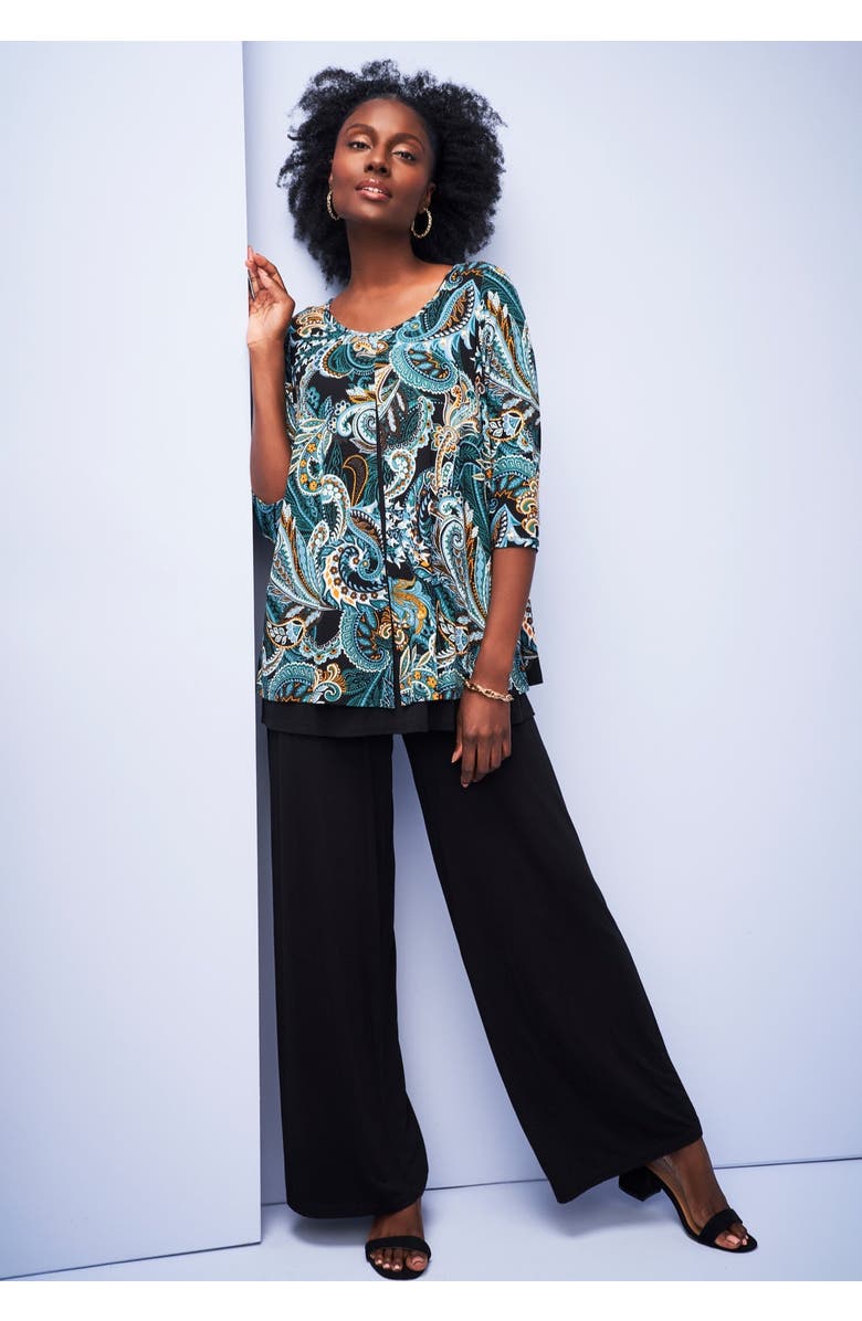 Jessica London Crew Neck Double Layered Tunic, Alternate, color, Frost Teal Paisley