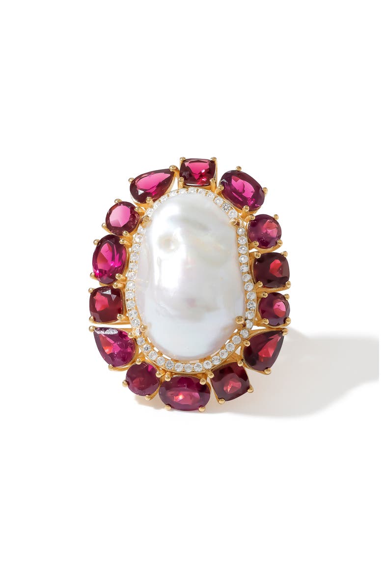 Cultured Pearl & London Blue Topaz Ring, Alternate, color, RED/WHITE