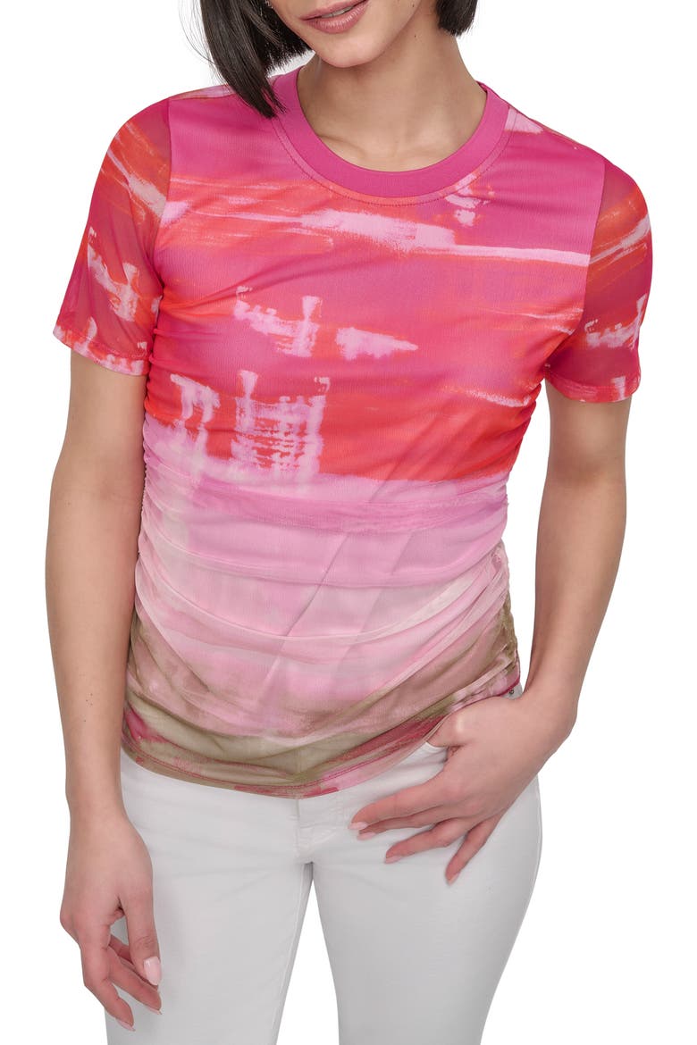 Print Ruched Mesh Top, Main, color, BRUSHED SKYLINE