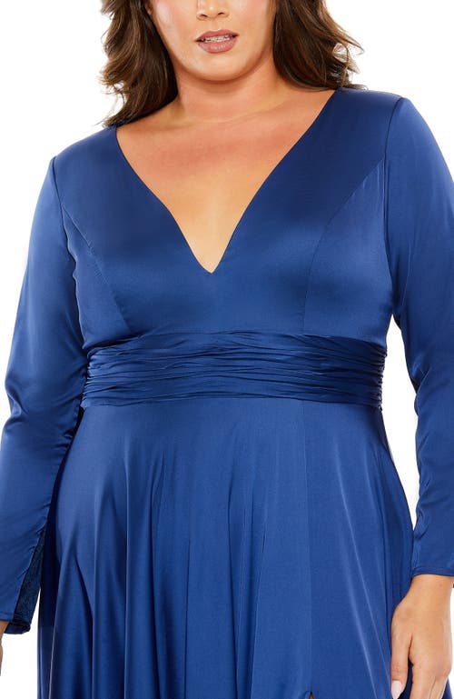 Mac Duggal Satin Long Sleeve V Neck A Line Gown In Midnight