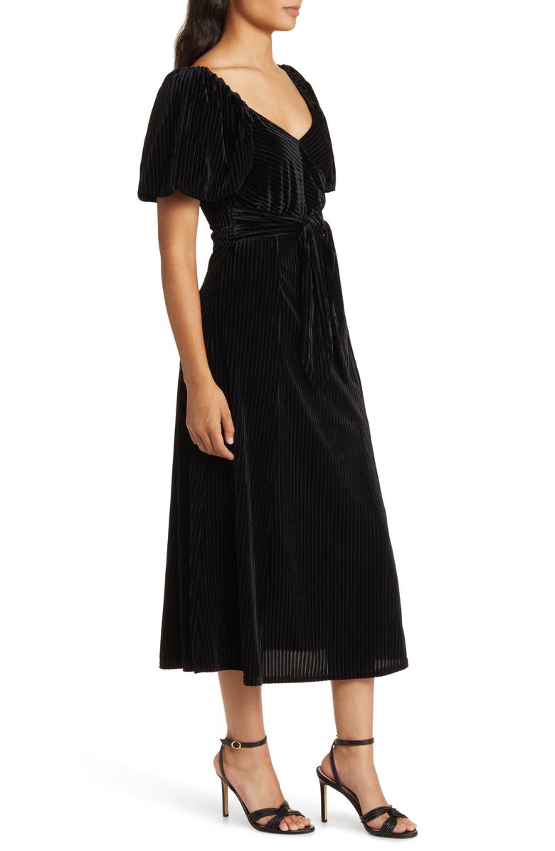 ZOE AND CLAIRE Puff Sleeve Stretch Velvet Midi Dress, Alternate, color, Black